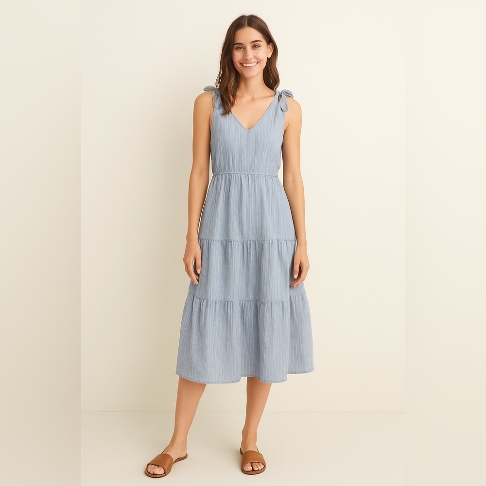Anthropologie Moon River Tiered Nautical Blue Stripe Midi Dress Tie Shoulder M